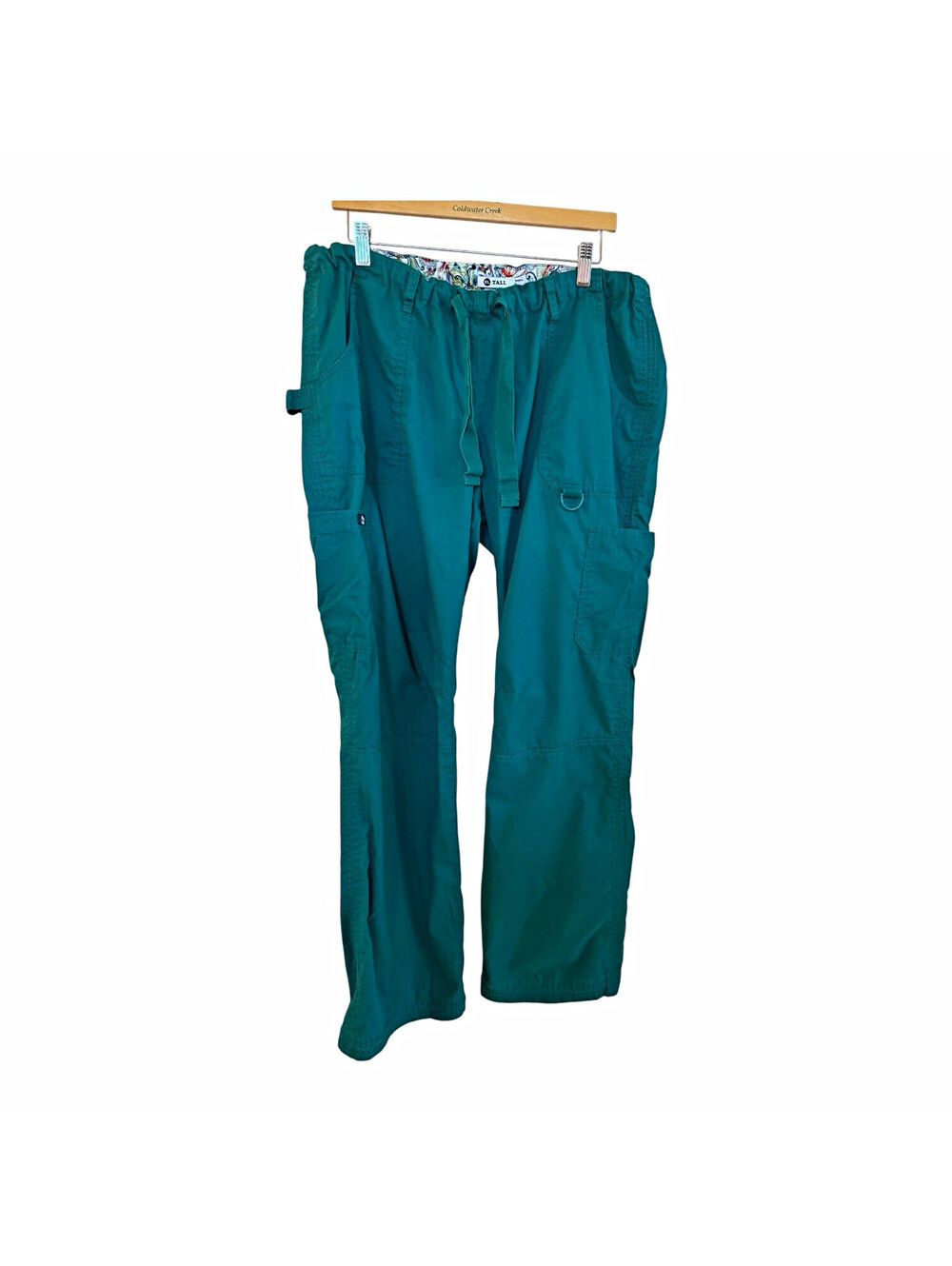 Koi Women’s Green Solid Scrub Pants XL Tall Drawstring Cargo Cotton Blend